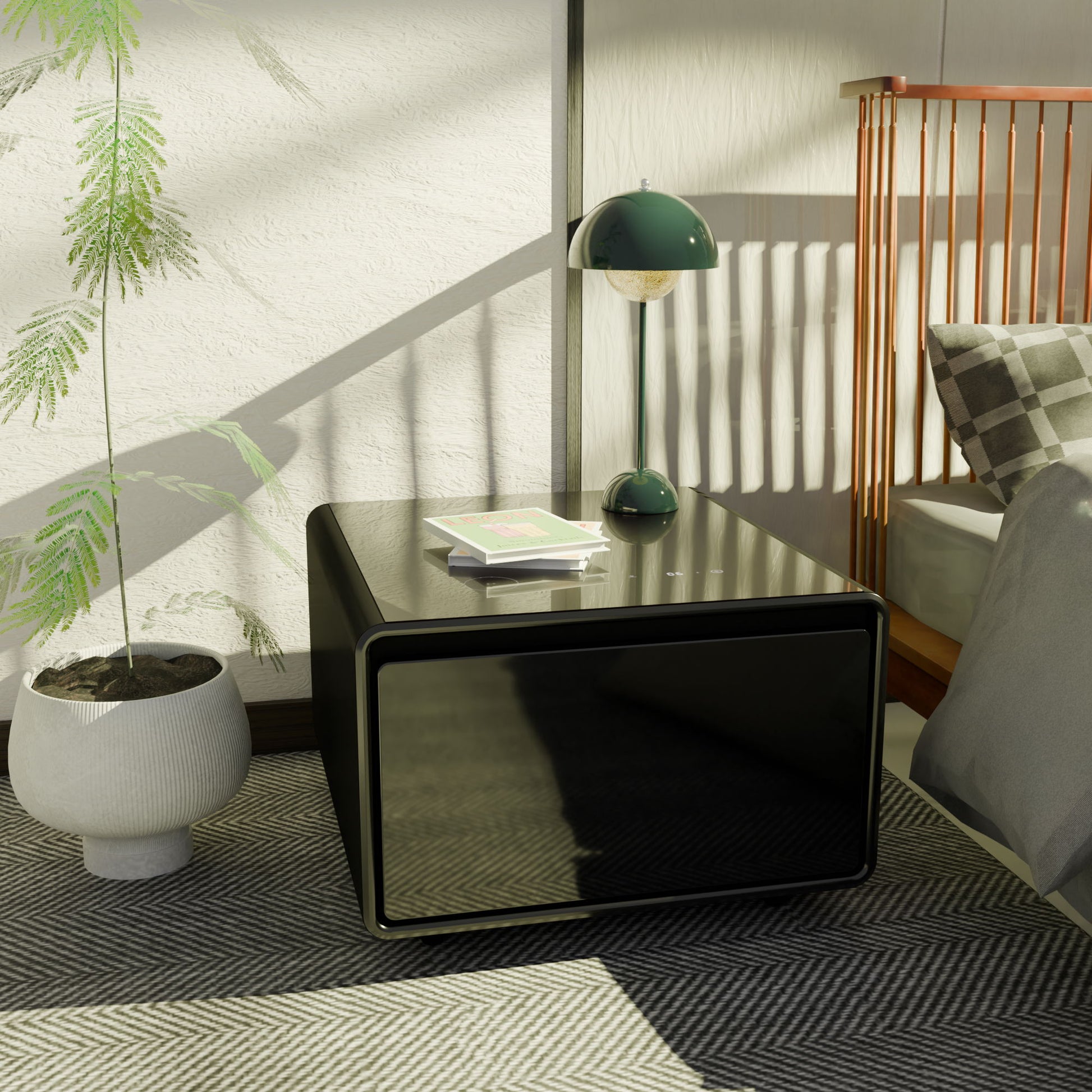 A modern bedroom scene featuring a glossy black Modern Smart Side Table with built-in fridge, wireless charging, USB ports, and induction light, alongside a small green lamp, book, potted plant, crib with brown slats, and bed in natural sunlight.