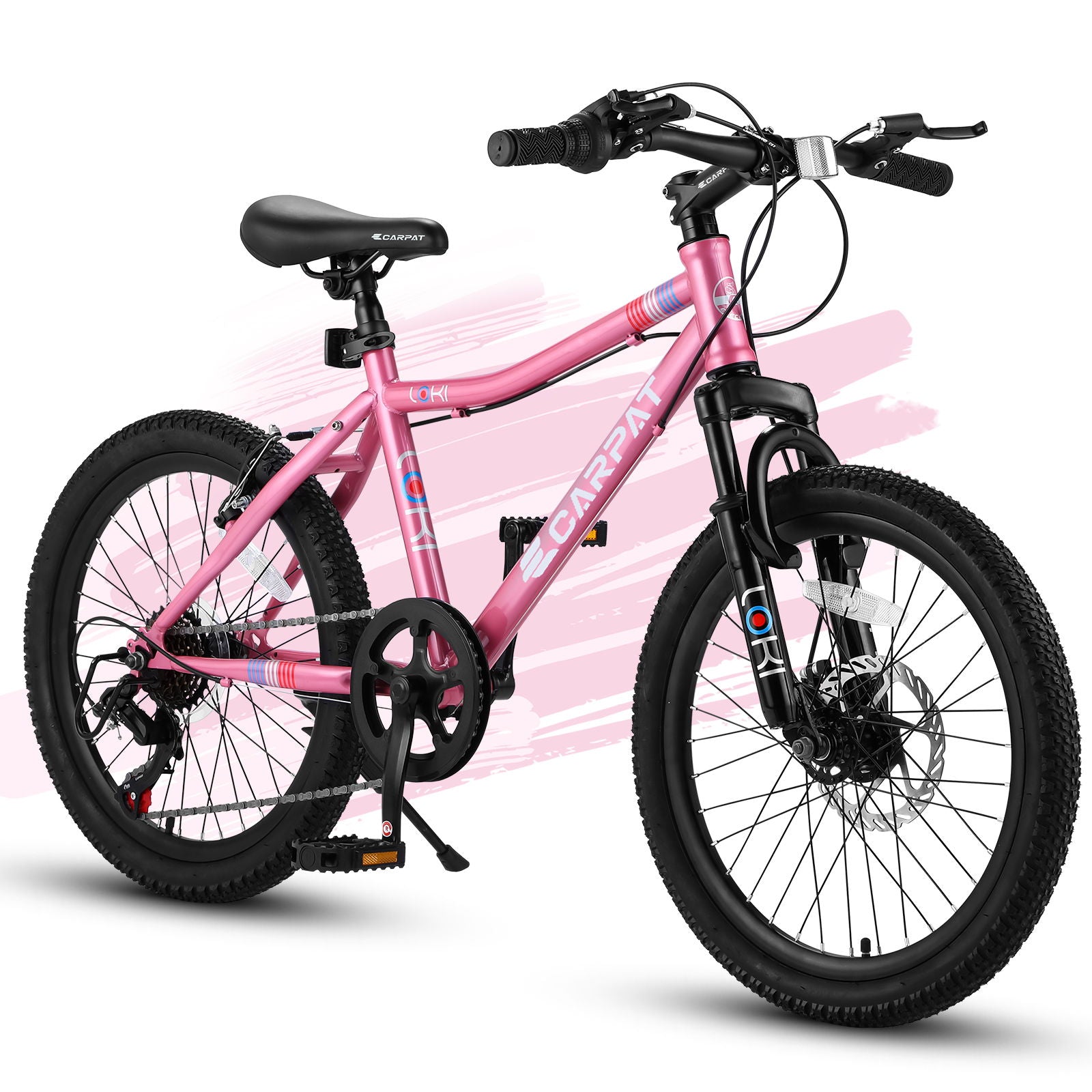 The S20101 20" Kids' Bike, with pink frame, black handlebars, seat, and tires, features front suspension, 7 speeds, disc and V-brakes. Suitable for ages 8-12. Shown on a white background with a pink paint streak behind it.