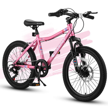 The S20101 20" Kids' Bike, with pink frame, black handlebars, seat, and tires, features front suspension, 7 speeds, disc and V-brakes. Suitable for ages 8-12. Shown on a white background with a pink paint streak behind it.
