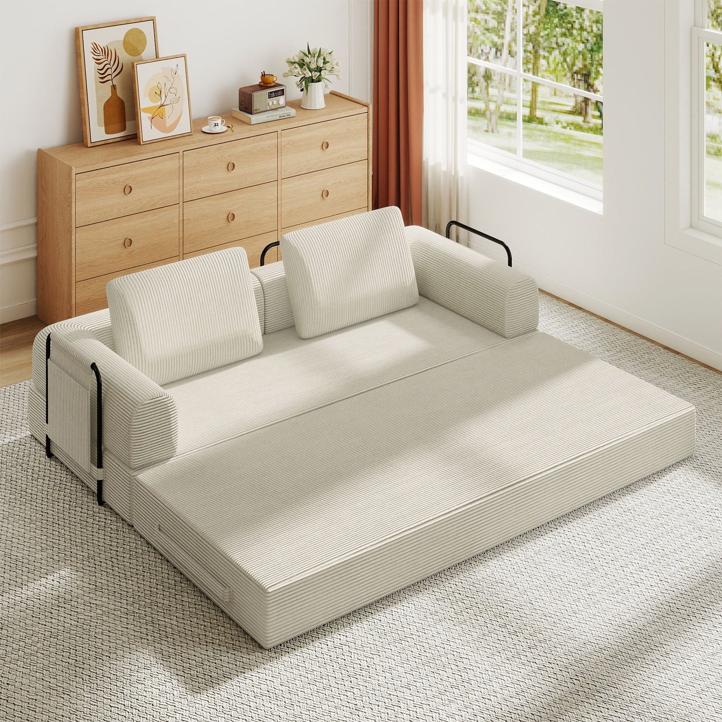 Convertible Sleeper Sofa Bed With Cylindrical Pillow, Fixed Shape Frame