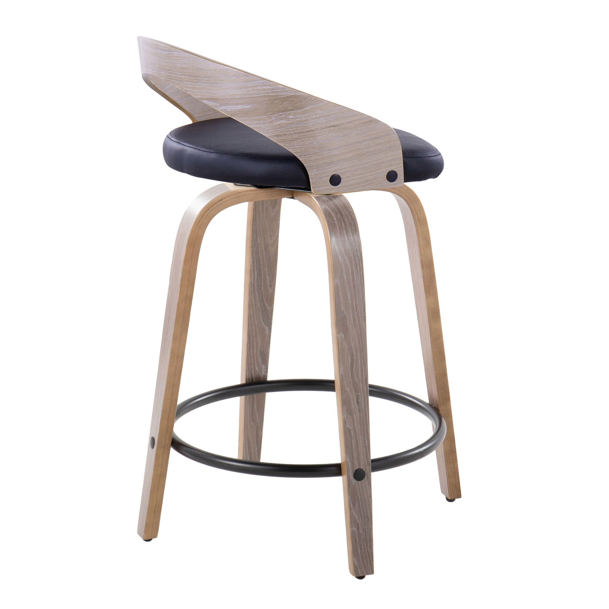 The Grotto Contemporary Fixed Height Counter Stool features a swivel seat, curved backrest, black cushion, light wood legs, and a round metal footrest. Sold as a set of 2 for modern style and comfort.