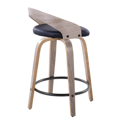 The Grotto Contemporary Fixed Height Counter Stool features a swivel seat, curved backrest, black cushion, light wood legs, and a round metal footrest. Sold as a set of 2 for modern style and comfort.