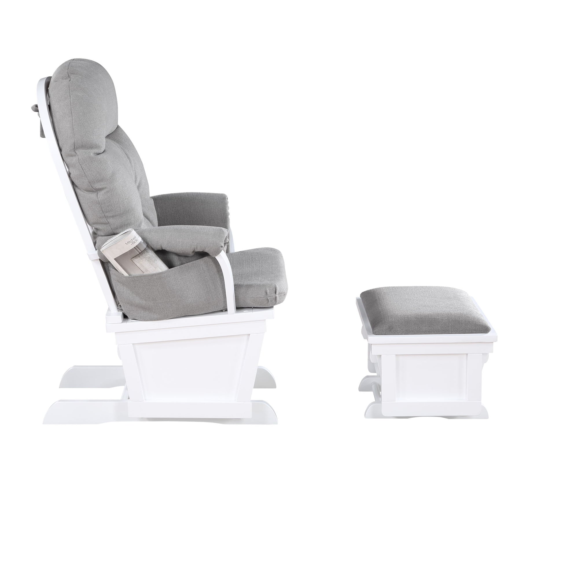 The Madison - Glider & Ottoman - White Base is a cushioned gray glider chair with a matching ottoman, both featuring white wooden frames, shown from the side on a white background.