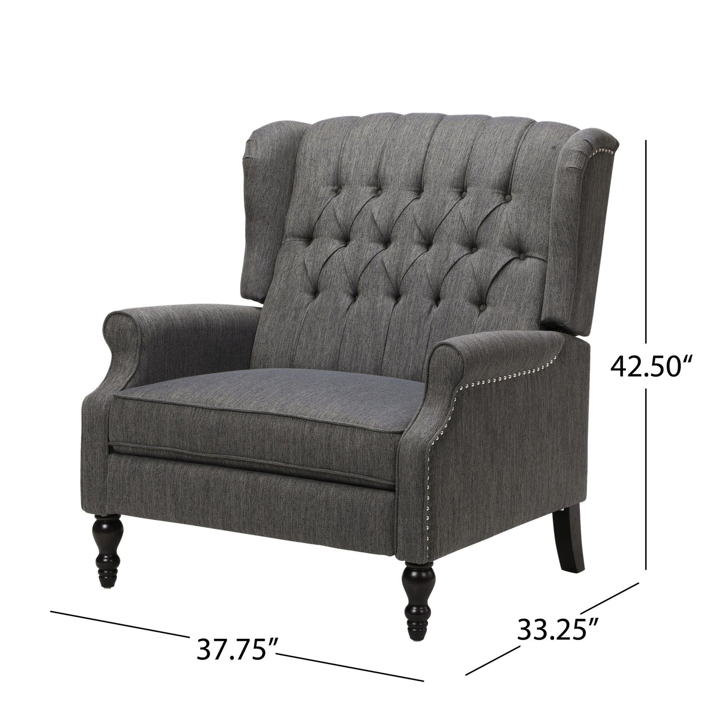 The Dunham Contemporary Fabric Tufted Oversized Pushback Recliner features a dark gray finish, rolled arms, nailhead trim, black legs, and measures 42.5"H x 37.75"W x 33.25"D, shown with black measurement lines.