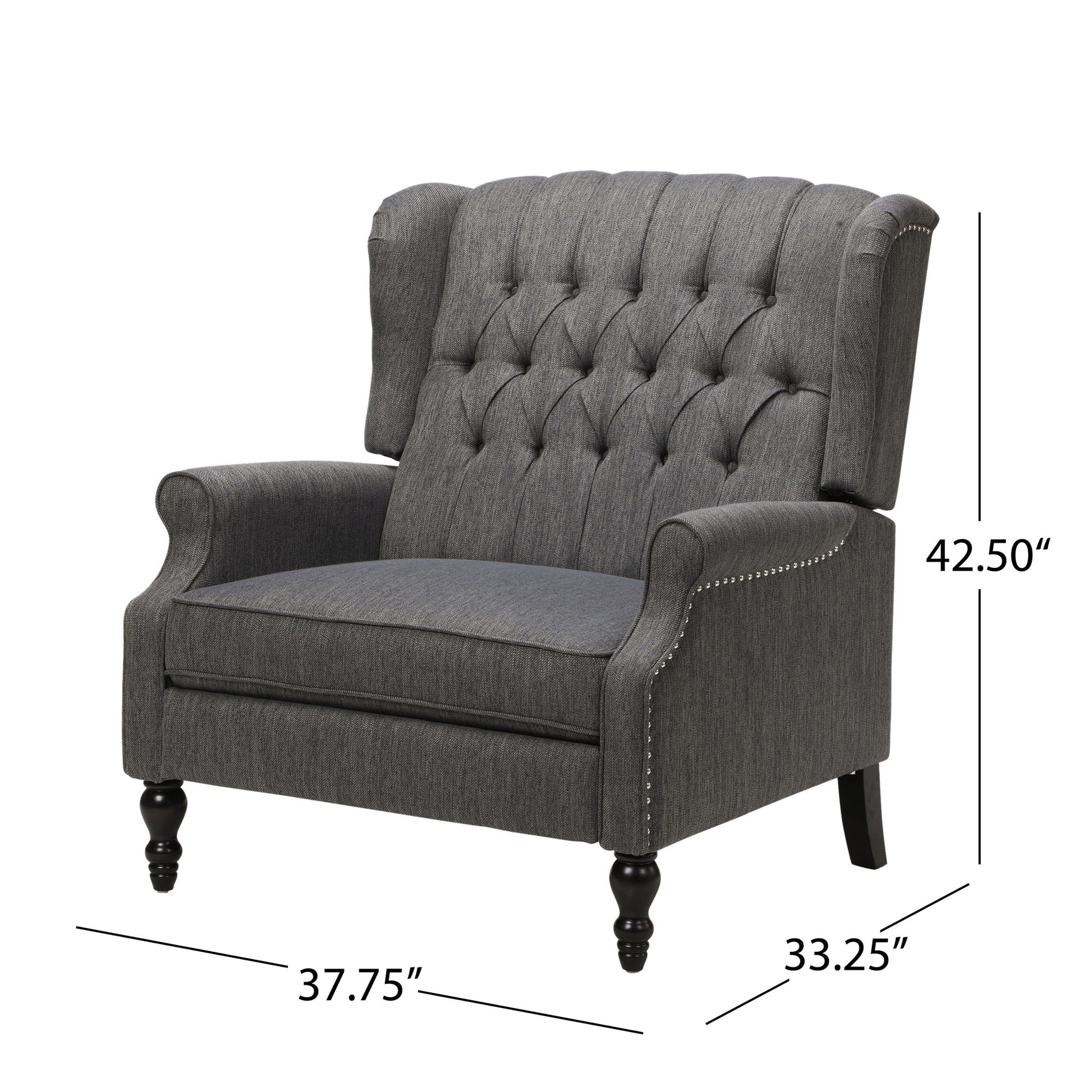 The Dunham Contemporary Fabric Tufted Oversized Pushback Recliner features a dark gray finish, rolled arms, nailhead trim, black legs, and measures 42.5"H x 37.75"W x 33.25"D, shown with black measurement lines.