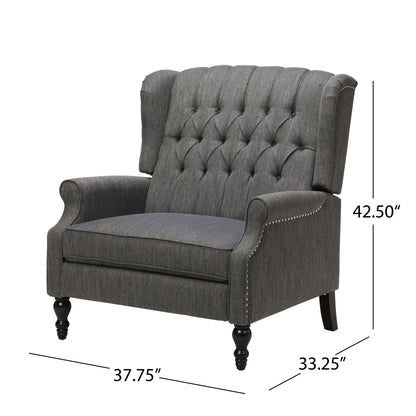 The Dunham Contemporary Fabric Tufted Oversized Pushback Recliner features a dark gray finish, rolled arms, nailhead trim, black legs, and measures 42.5"H x 37.75"W x 33.25"D, shown with black measurement lines.