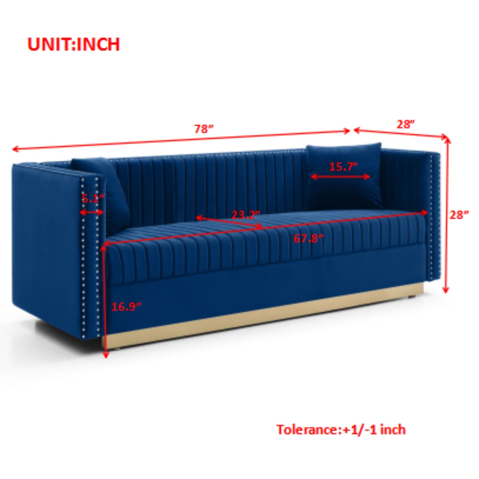 The Contemporary Vertical Channel Tufted Sofa features blue velvet upholstery, silver studs, a gold base, and two pillows. Dimensions: 78"L x 28"H x 28"D; seat: 67.8"W x 23.2"D x 16.9"H; cushion depth: 15.7".
