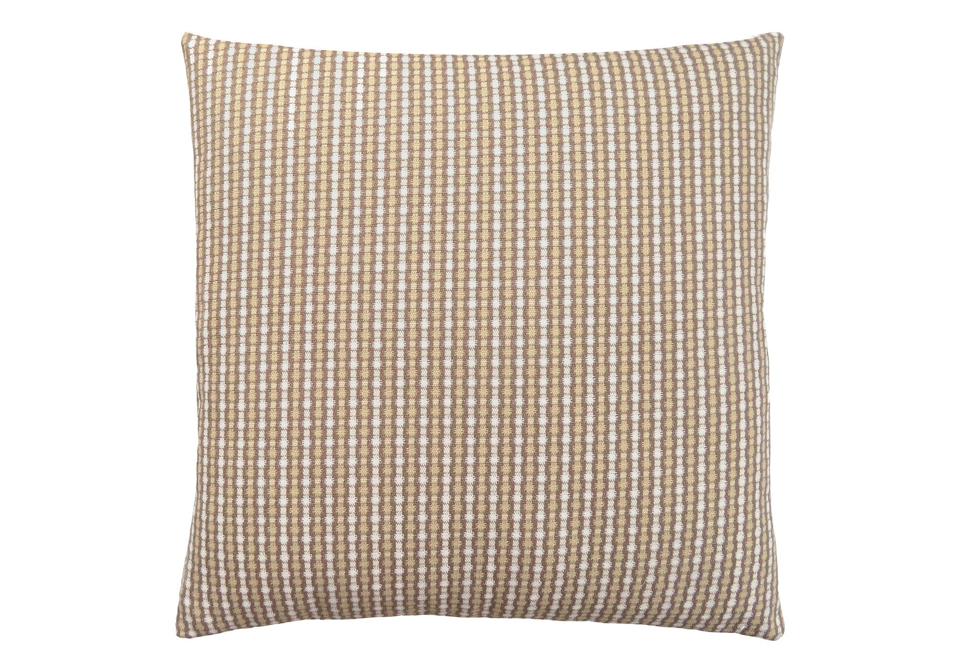 Decorative square throw pillow with a textured tan and white woven pattern, hypoallergenic and plush. Insert included. Displayed on a white background with softly rounded corners.