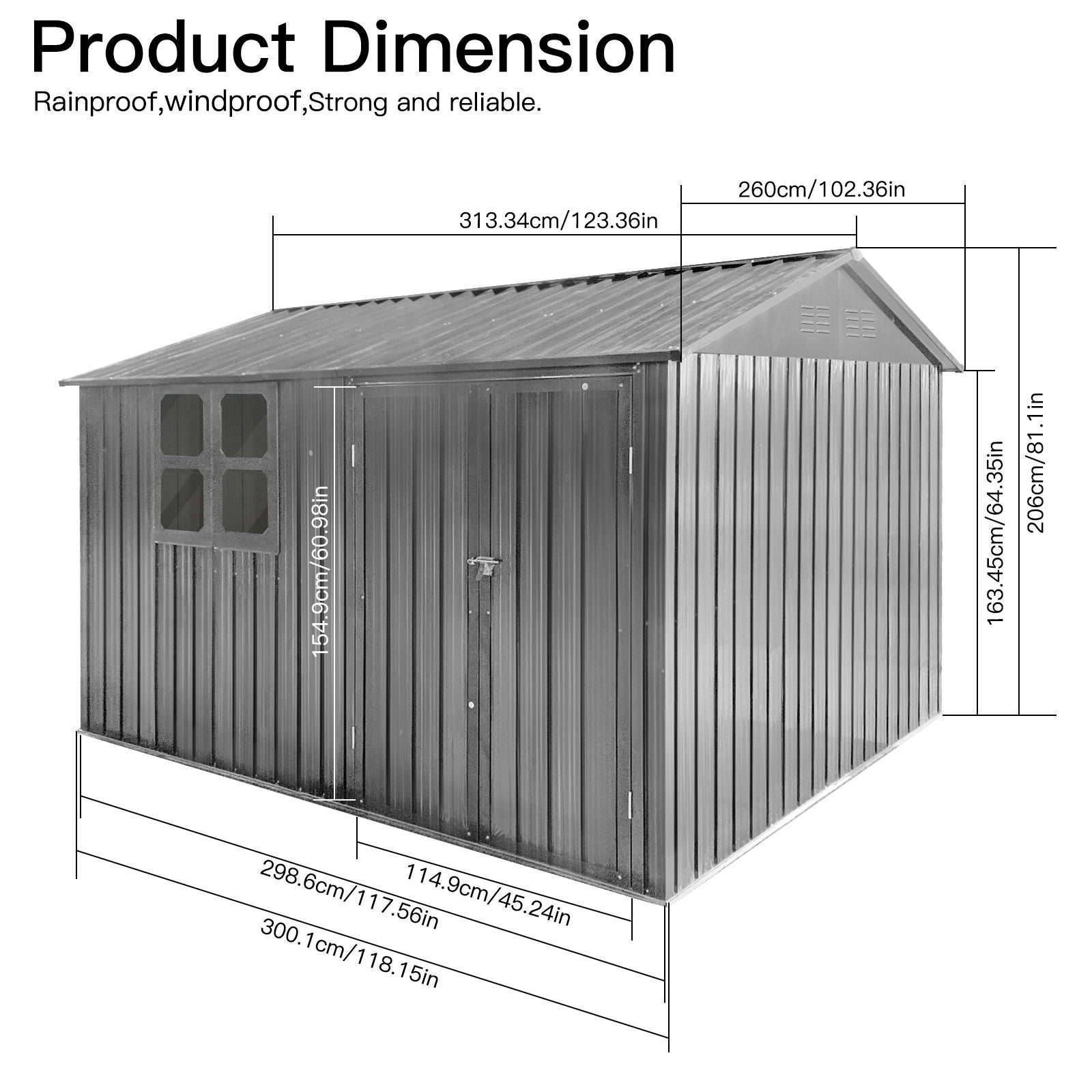 10' x 8' Garden Sheds Outdoor Storage Shed with Window features a gray metal build, peaked roof, door, and window. Dimensions: 313x260x203 cm (123x102x81 in). Rainproof, windproof, strong, and reliable.