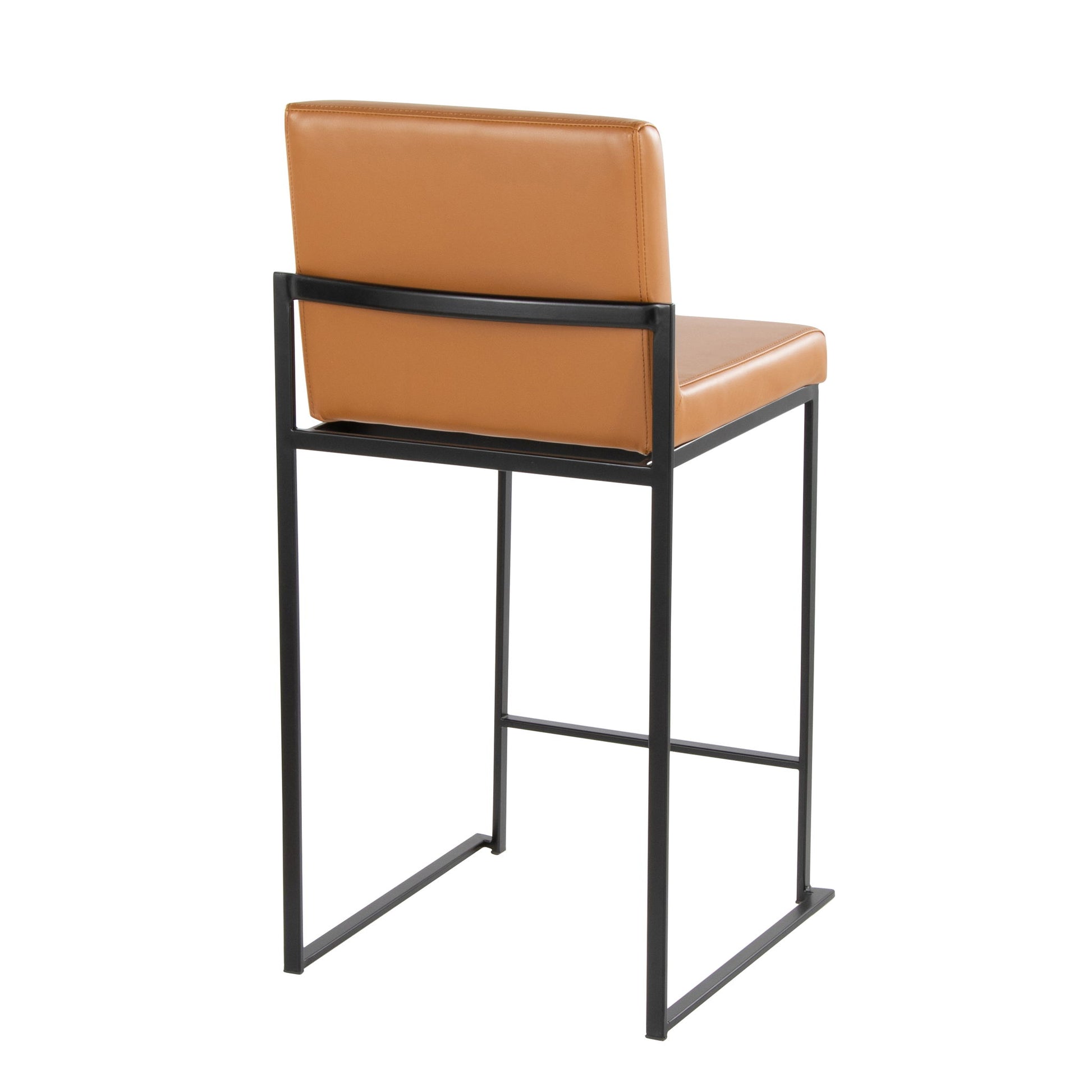 The Fuji - Contemporary High Back Barstool features a tan leather upholstered seat and backrest with a black metal frame, displayed from the rear angle against a white background.