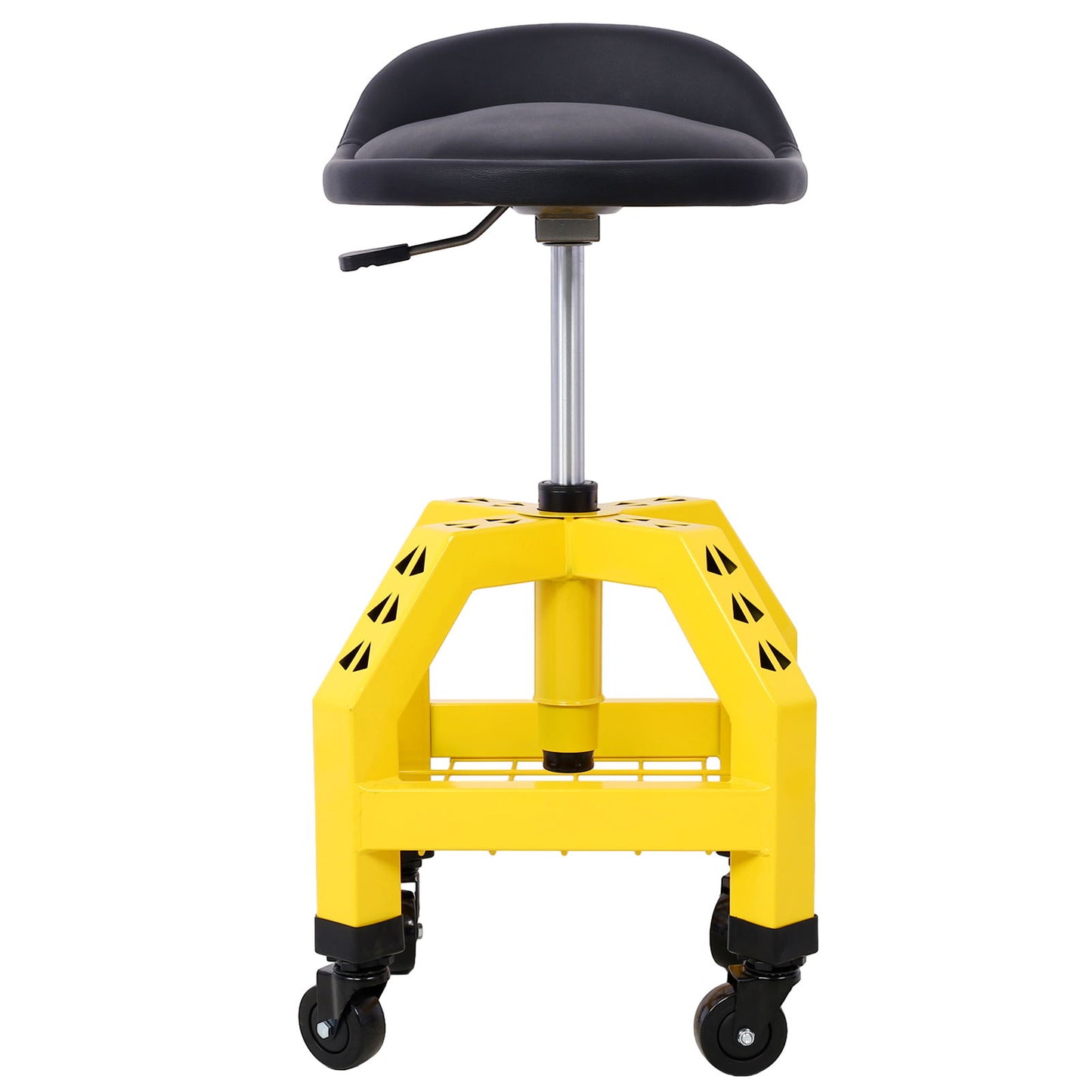 The Pneumatic 360 Degree Swivel Stool features a black cushioned seat, yellow metal base, and four caster wheels for easy mobility and support—ideal as a heavy-duty shop or mechanics rolling creeper seat. Shown against a white background.