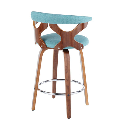 The Gardenia - Mid Century Modern Counter Stool (Set of 2) features wooden legs, a curved backrest, aqua blue upholstered seat and back, plus a circular metal footrest.