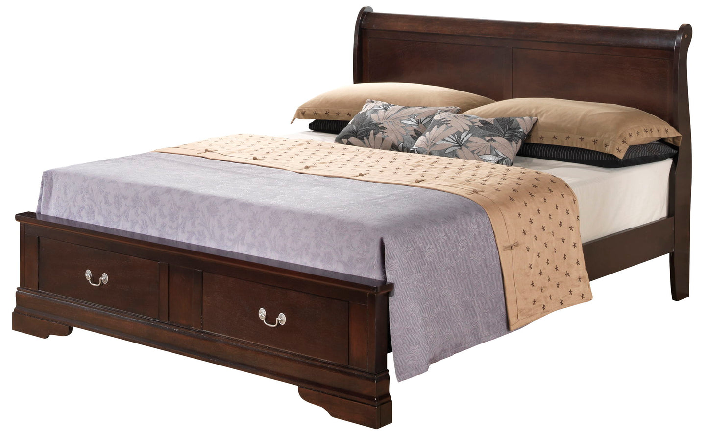 The Louis Phillipe - Storage Bed features a dark wooden frame with a high headboard and storage drawers at the foot. It’s dressed in tan and lavender bedding with pillows, including two adorned with floral patterns.