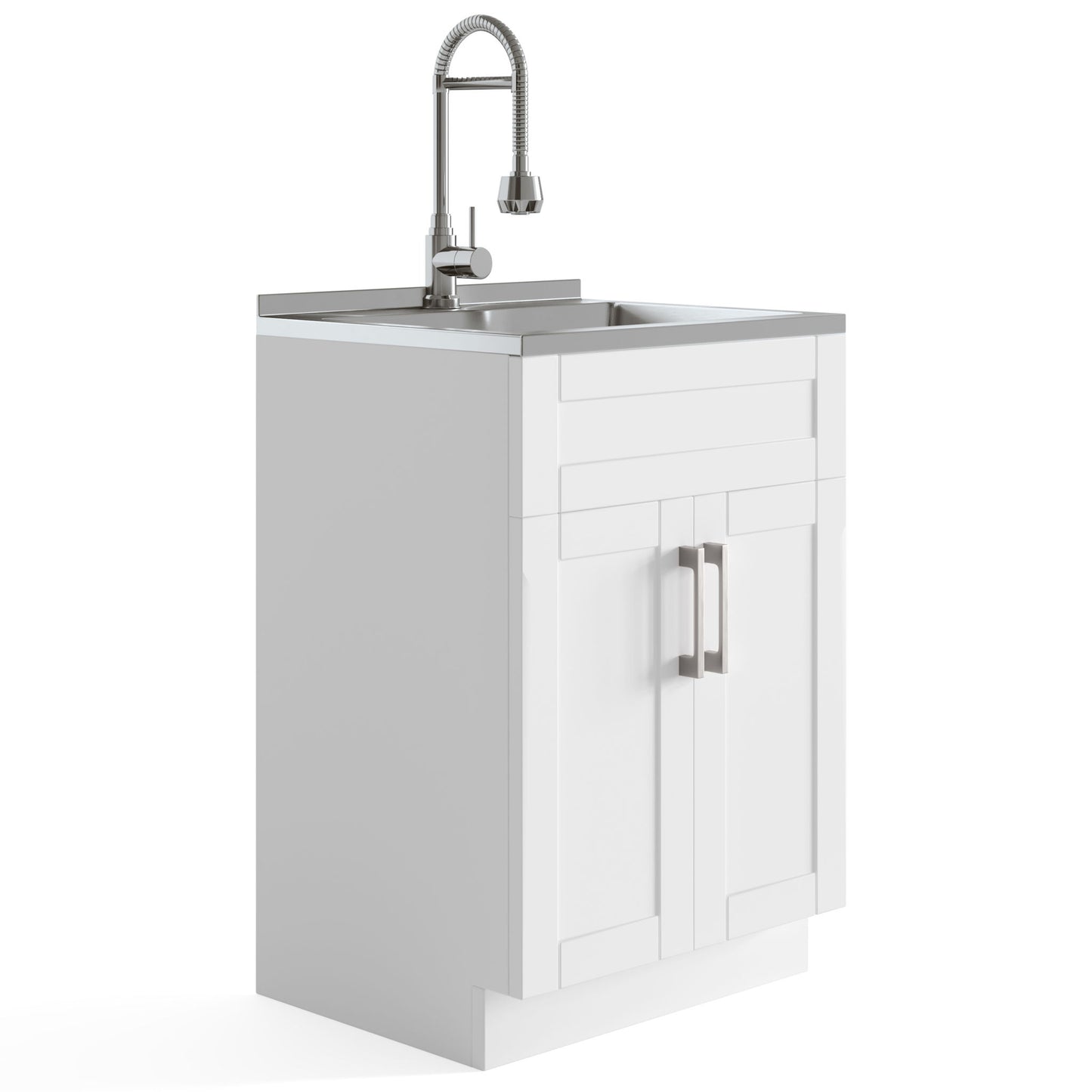 The Hennessy Deluxe Laundry Cabinet features a modern white shaker-style design with silver handles, a stainless steel sink, and a tall faucet with a flexible coiled neck and pull-down spray head for added convenience.