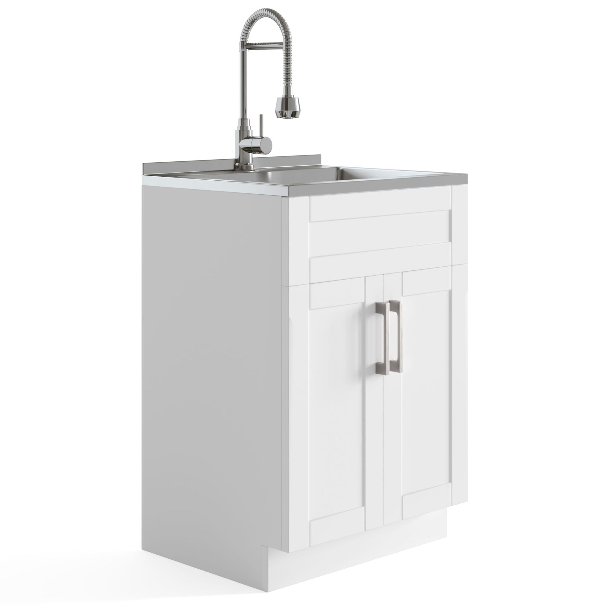 The Hennessy Deluxe Laundry Cabinet features a modern white shaker-style design with silver handles, a stainless steel sink, and a tall faucet with a flexible coiled neck and pull-down spray head for added convenience.