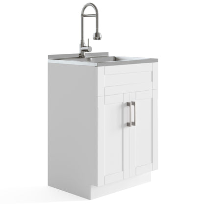 The Hennessy Deluxe Laundry Cabinet features a modern white shaker-style design with silver handles, a stainless steel sink, and a tall faucet with a flexible coiled neck and pull-down spray head for added convenience.