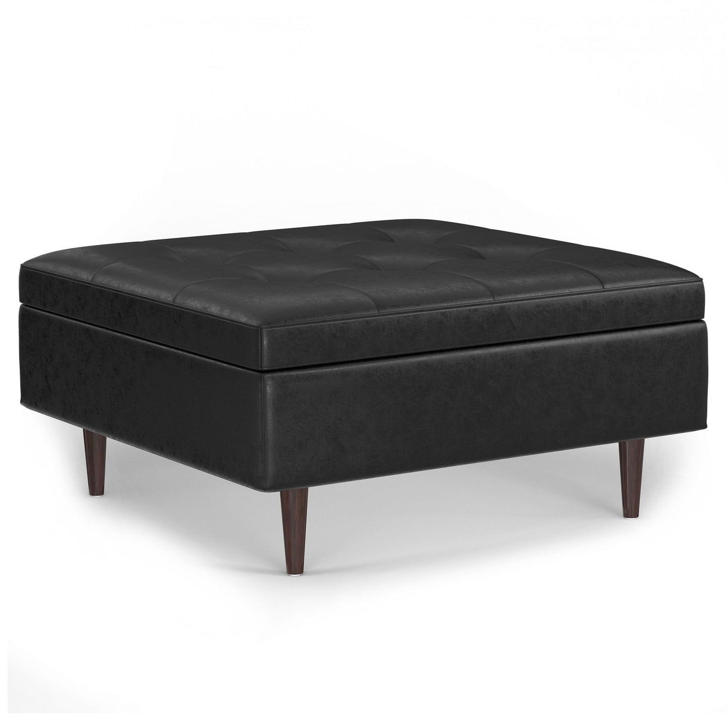 The Shay Large Square Coffee Table Storage Ottoman features a black leather button-tufted top and tapered wooden legs, showcasing mid-century style against a plain white background.