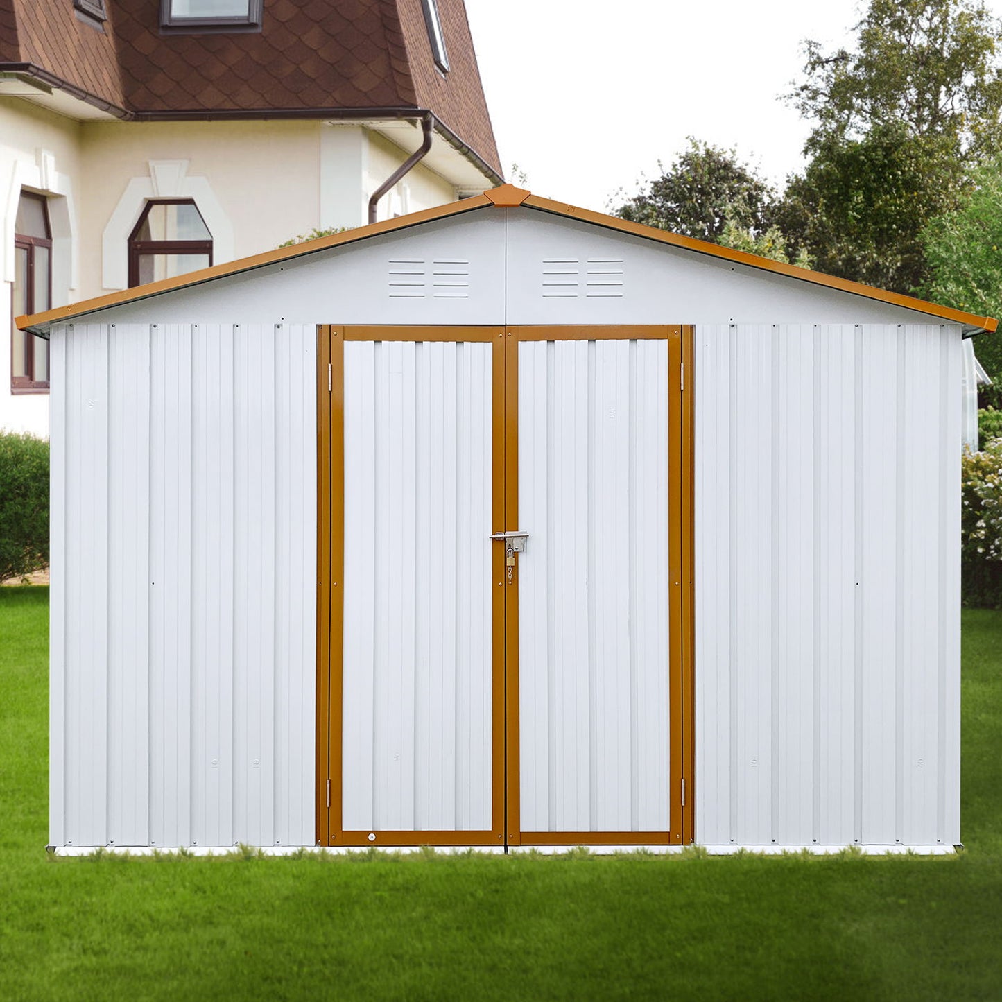 A 10' x 12' Garden Sheds Outdoor Storage Shed with white panels, brown trim, and double doors is shown on a green lawn with a house and trees in the background.