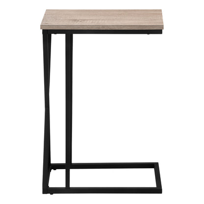 The Accent Table C - Shaped, Contemporary & Modern features a light wood tabletop and black metal frame, designed to easily slide under your sofa or chair for added convenience.