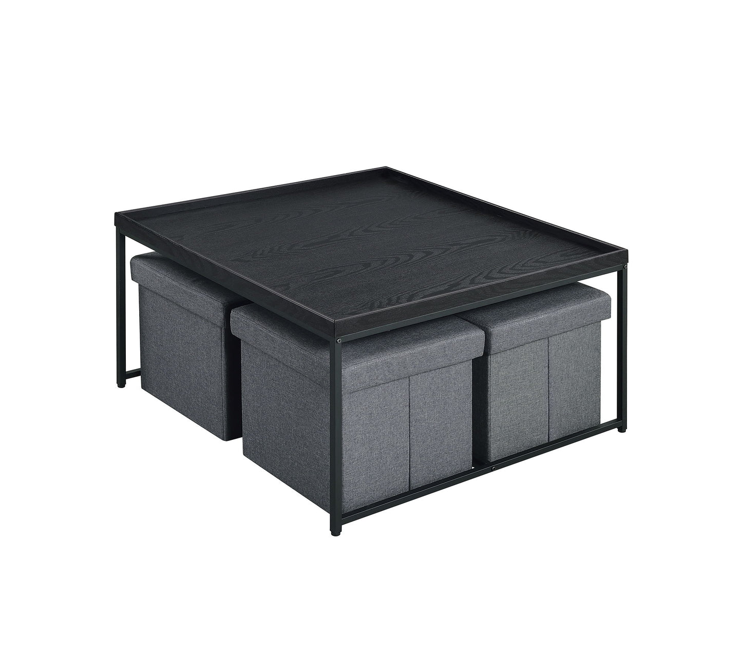The Vinny Wood Grain Coffee Table Set features a modern black rectangular table with raised edges and four gray cushioned ottomans that store neatly underneath.