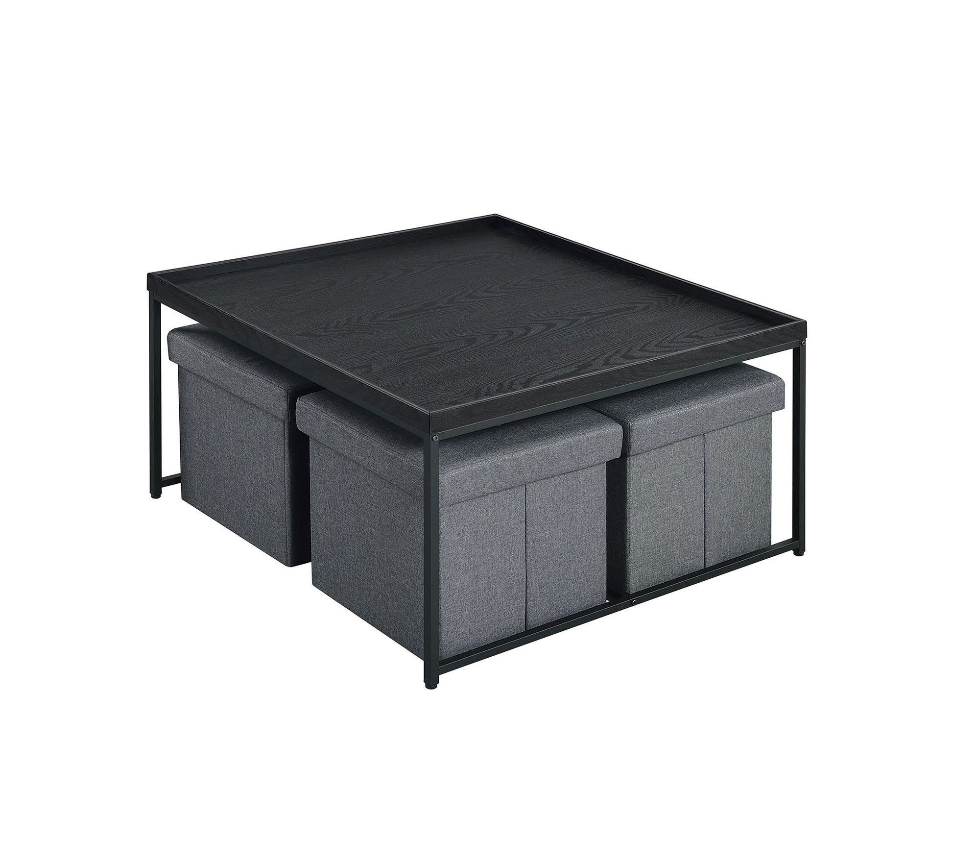 The Vinny Wood Grain Coffee Table Set features a modern black rectangular table with raised edges and four gray cushioned ottomans that store neatly underneath.