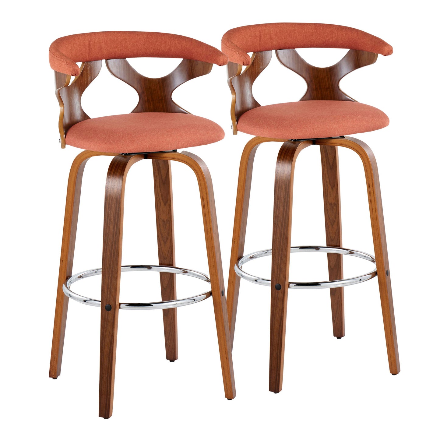 The Gardenia Mid Century Modern Fixed Height Barstool (Set of 2) features curved wood frames, orange upholstered seats and backs, a round metal footrest, and sleek lines for a stylish retro look. Swivel design enhances comfort and functionality.