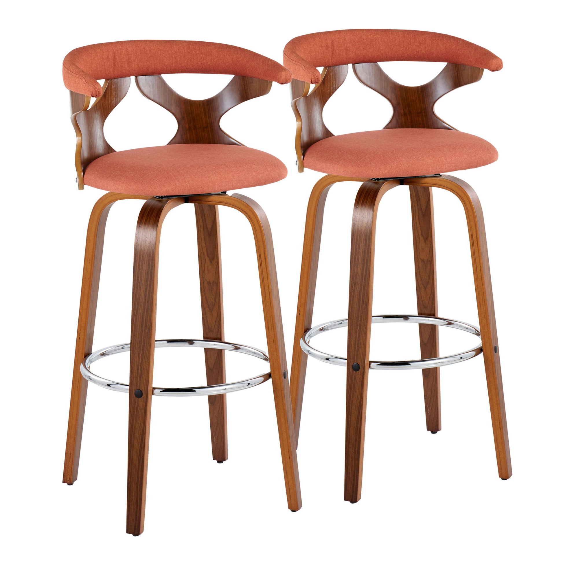 The Gardenia Mid Century Modern Fixed Height Barstool (Set of 2) features curved wood frames, orange upholstered seats and backs, a round metal footrest, and sleek lines for a stylish retro look. Swivel design enhances comfort and functionality.