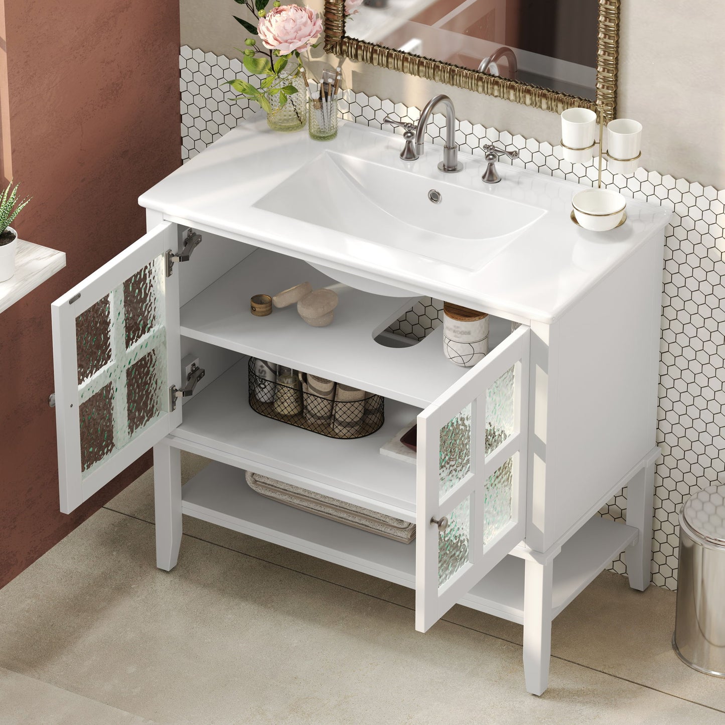 Bathroom Vanity With Ceramic Sink, Adjustable & Open Shelf