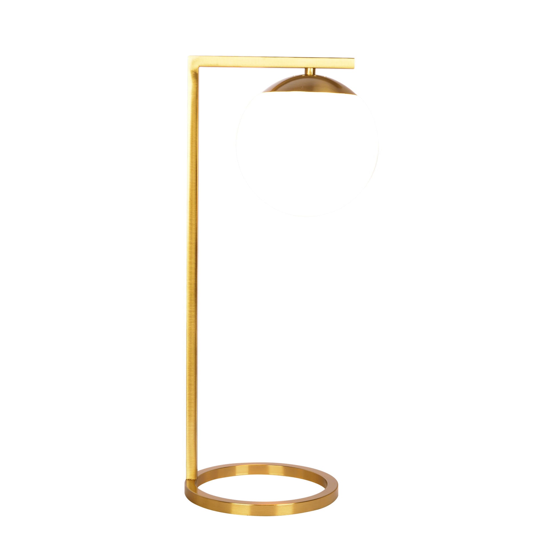 The Globe - Table Lamp Opal With Dimmer Switch Inline in Gold/White features a sleek, minimalist design with a circular base, vertical stem, and horizontal arm supporting a round opal globe light.
