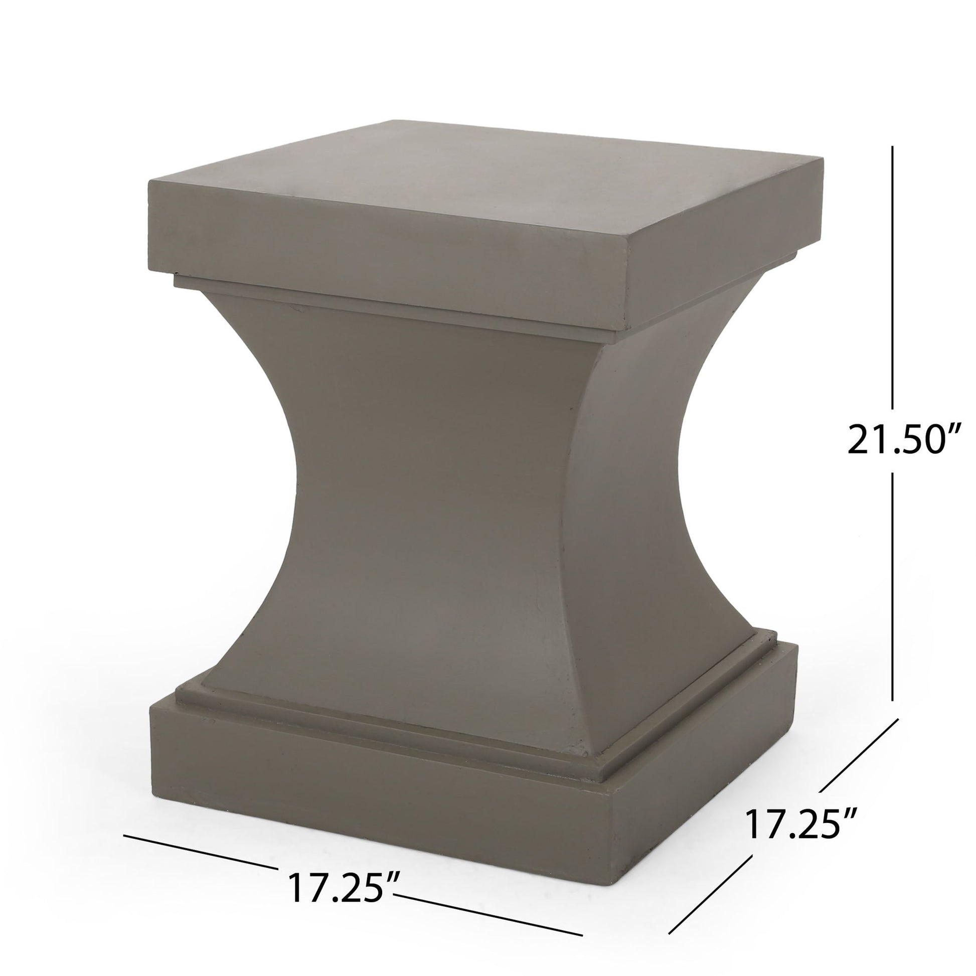 The Athena - Modern Side Table features a gray, square pedestal design with a curved center and flat top, measuring 21.5" H x 17.25" W x 17.25" D. Its simple, modern style offers clean lines for a contemporary look.