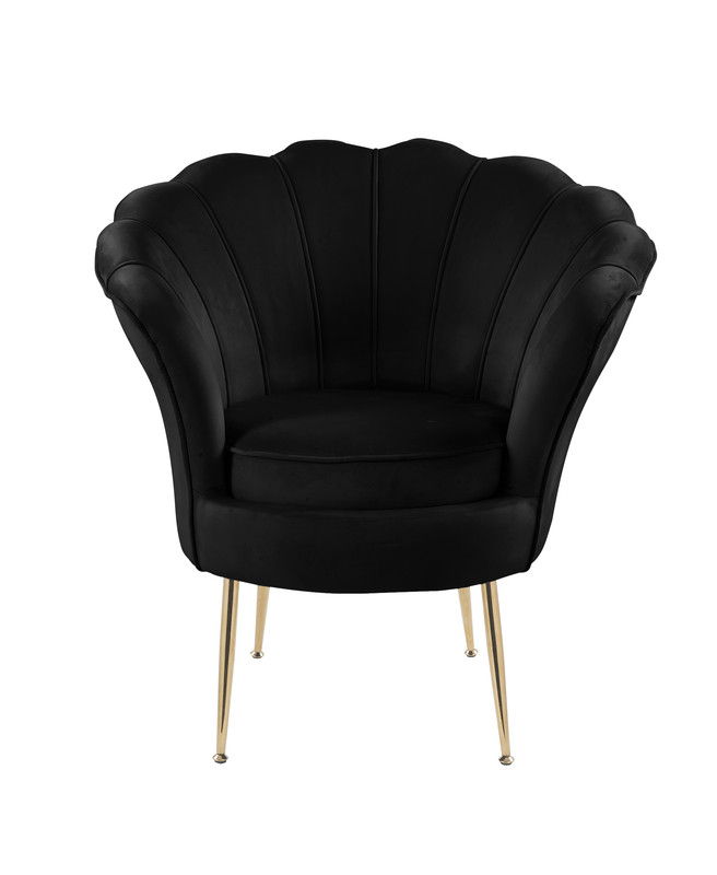 The Angelina Velvet Scalloped Back Barrel Accent Chair features a black scallop-shaped design, cushioned seat, and gold metal legs, shown from the front against a white background.