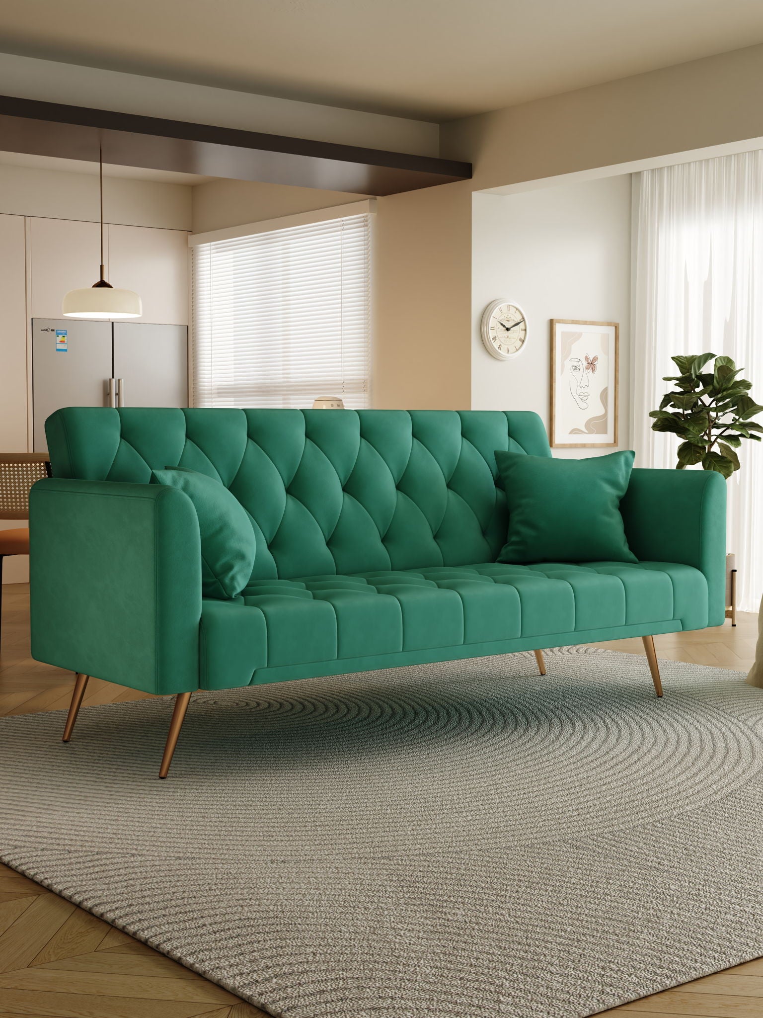 A modern living room features the Convertible Double Folding Living Room Sofa Bed with two matching cushions and wooden legs on a round gray rug. Large windows let in light, with a plant, wall clock, and framed art in the background.