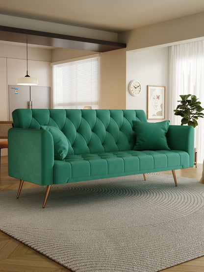 A modern living room features the Convertible Double Folding Living Room Sofa Bed with two matching cushions and wooden legs on a round gray rug. Large windows let in light, with a plant, wall clock, and framed art in the background.