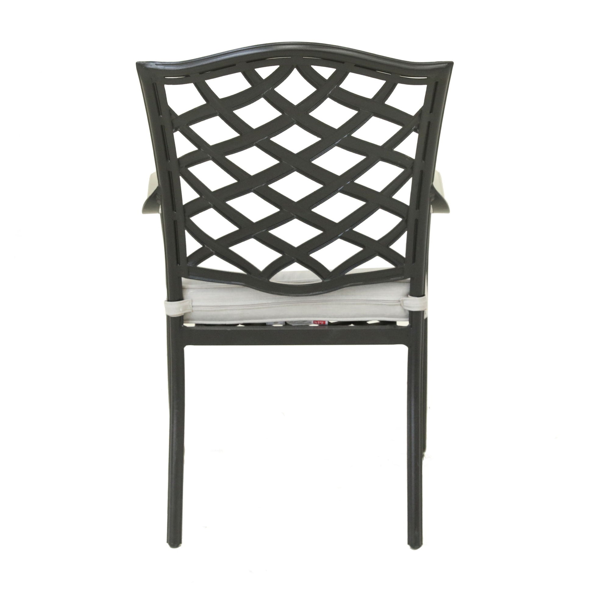The Aluminum Dining Arm Chair With Cushion (Set of 2) - Cast Silver features a lattice-patterned backrest and white seat cushion, displayed from the back against a plain white background.