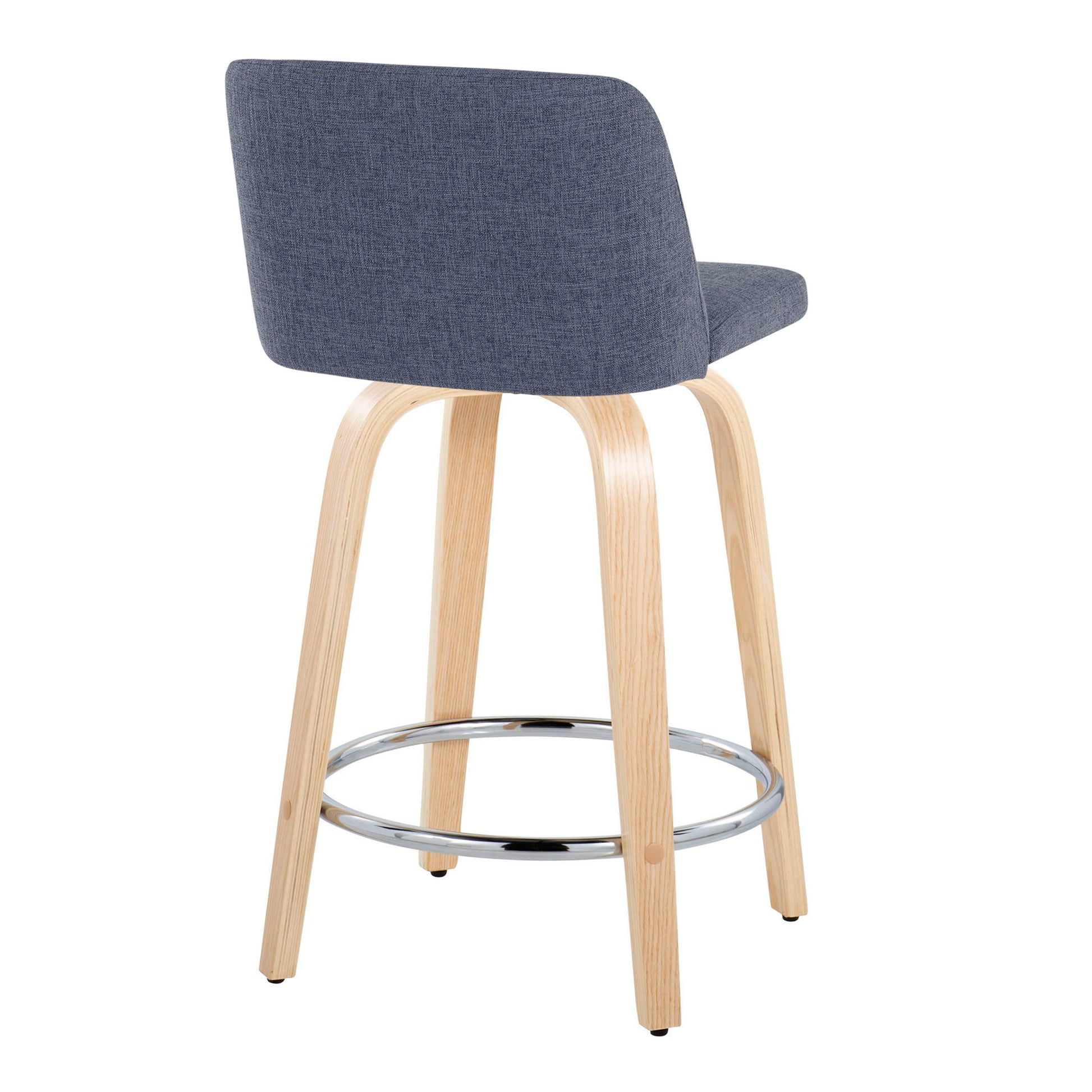 The Toriano Contemporary Fixed Height Counter Stool set features light wooden legs, a round chrome footrest, and cushioned seats and backrests in dark gray fabric, shown from a rear side angle. Set includes 2 stools.