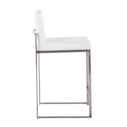 The Fuji - Contemporary High Back Counter Stool features a white cushioned seat and backrest, minimalist metal frame, and functional design, shown from the side against a white background.