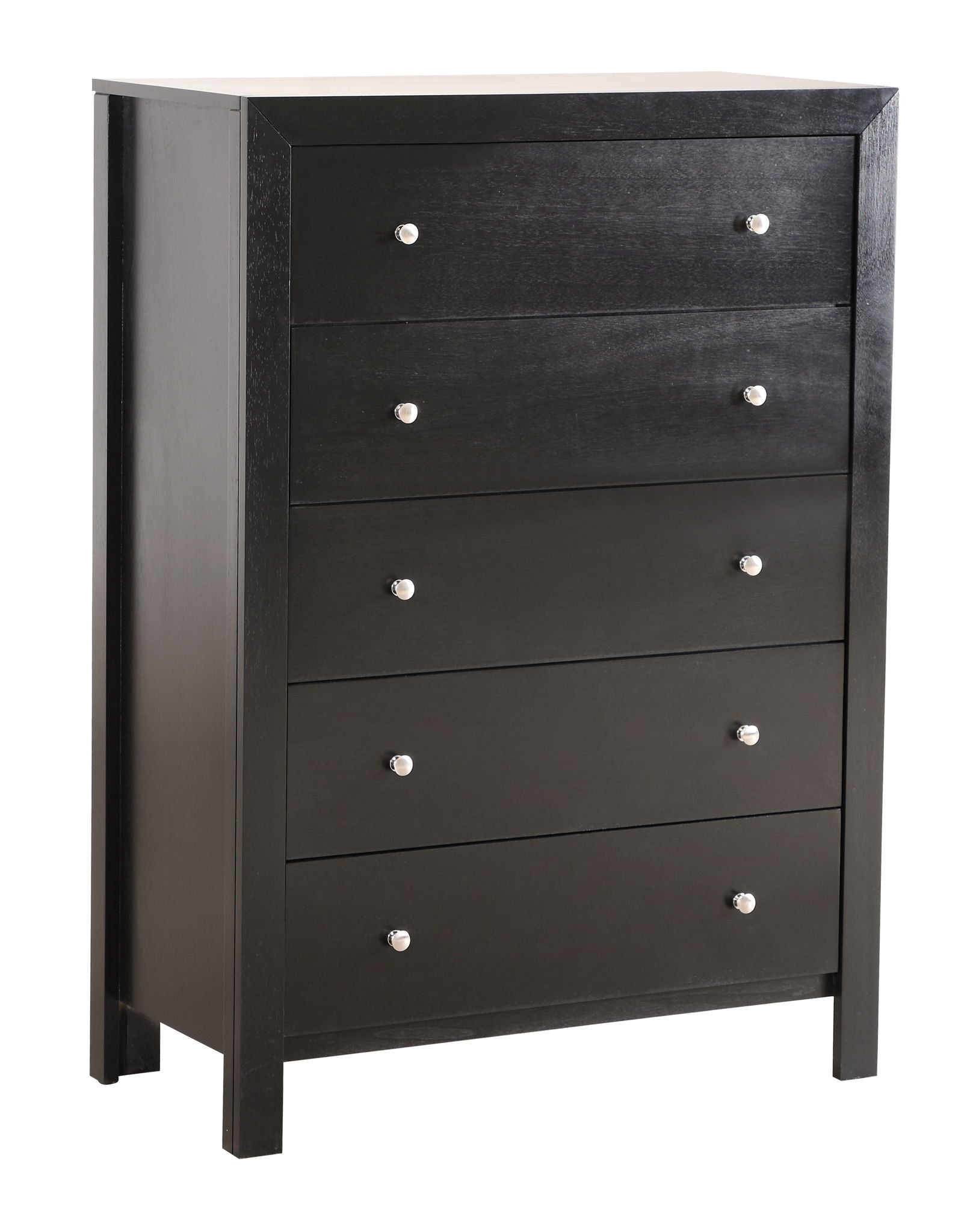 The Modern Elegant Transitional Storage Chest is a tall, black wooden dresser with five drawers, each adorned with two round silver knobs. Its simple, modern design features clean lines for a sleek look.