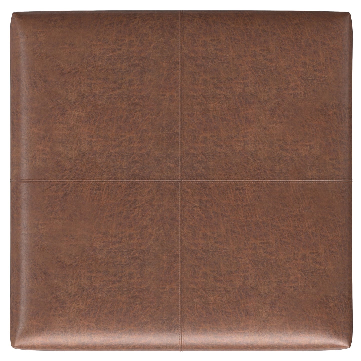 The Gabbie Coffee Table Upholstered Storage Ottoman is a square brown leather piece with stitched lines on top, dividing the surface into four equal sections.