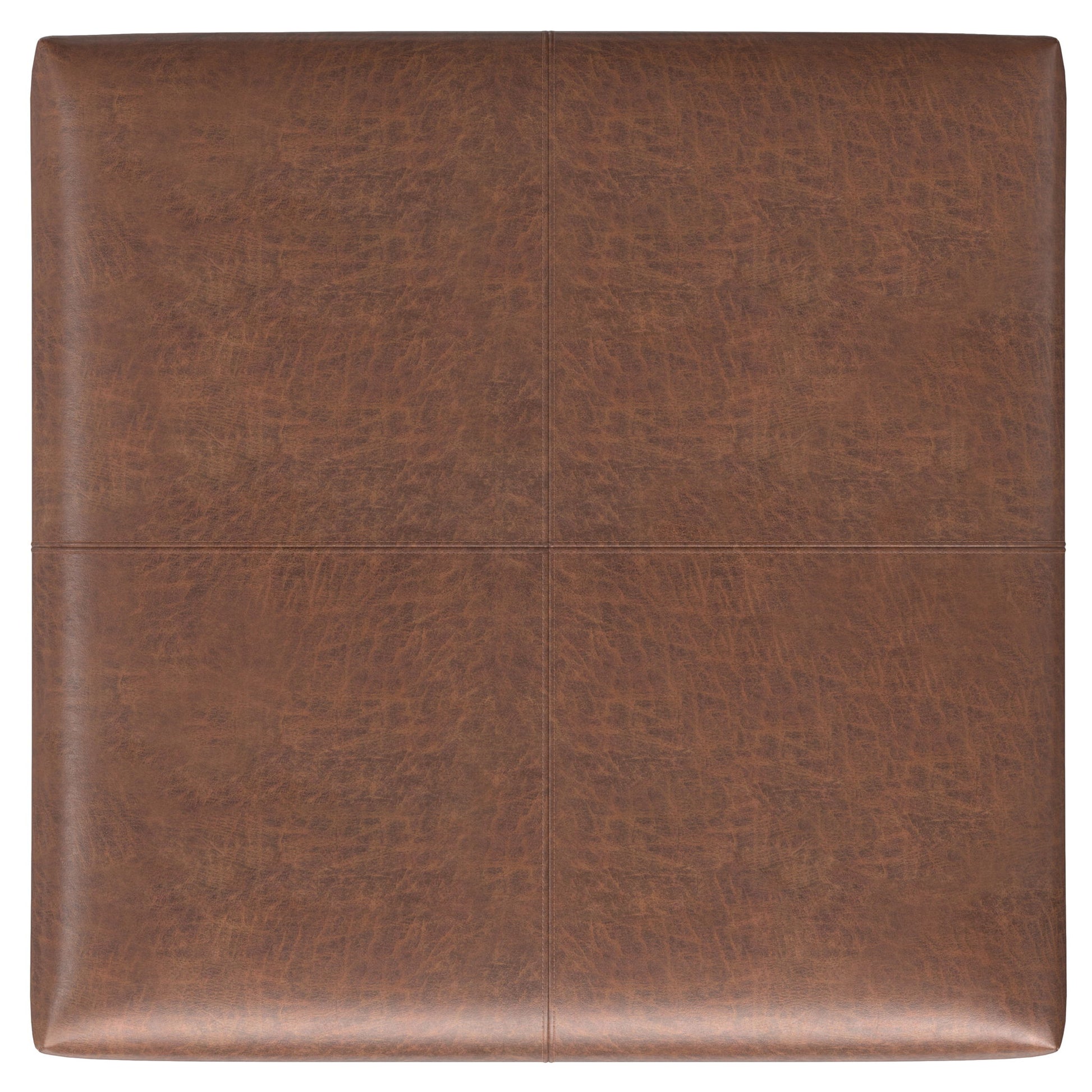 The Gabbie Coffee Table Upholstered Storage Ottoman is a square brown leather piece with stitched lines on top, dividing the surface into four equal sections.