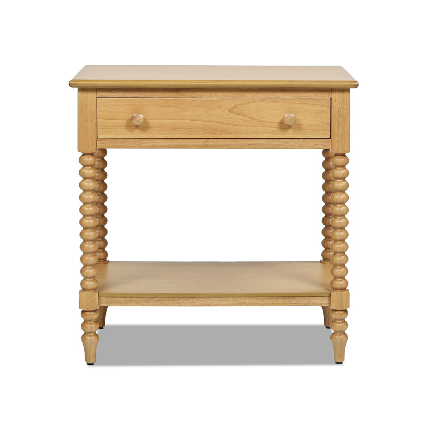 The Easton - Modern Farmhouse Turned 1 Drawer Storage Side Table With Shelf in Natural Brown features a single drawer with a round knob, an open lower shelf, and four turned spindle legs in a light natural wood finish.