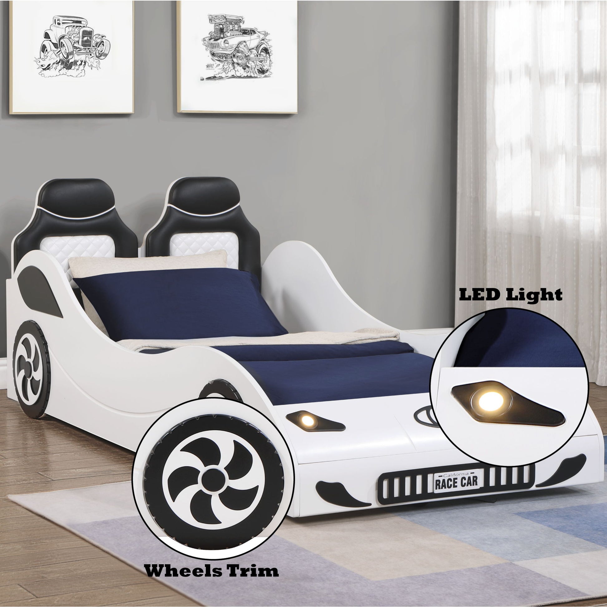 The Colen - Twin Car Bed With LED, a white race car-shaped bed with black detailing and navy bedding, features two black headboard seats, LED headlights, and wheel trim accents in a modern room with car sketches on the wall.
