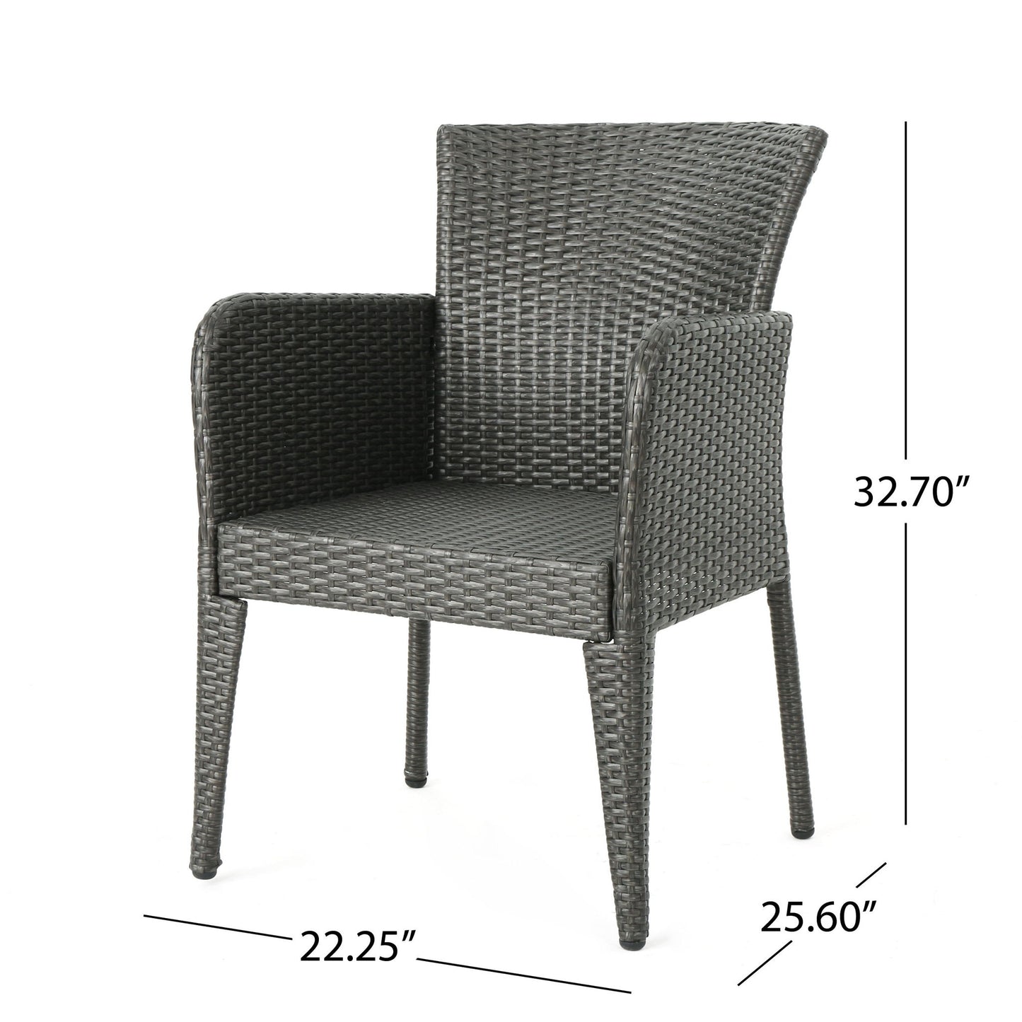 The Anaya Outdoor Wicker Dining Armchair (Set of 2) features a dark woven texture, high back, armrests, and angled legs. Each chair measures 32.70" H x 25.60" D x 22.25" W, perfect for stylish patio seating.