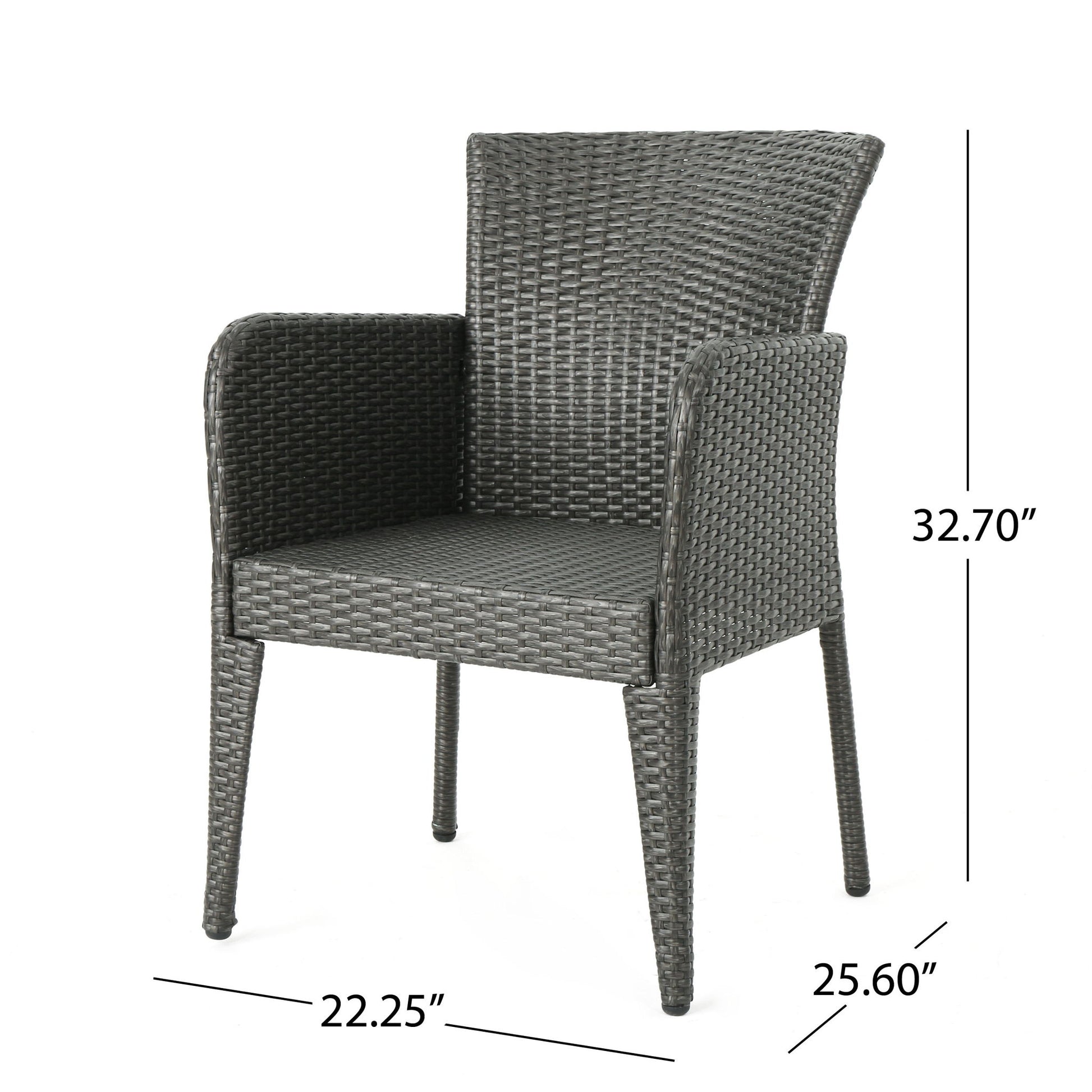 The Anaya Outdoor Wicker Dining Armchair (Set of 2) features a dark woven texture, high back, armrests, and angled legs. Each chair measures 32.70" H x 25.60" D x 22.25" W, perfect for stylish patio seating.