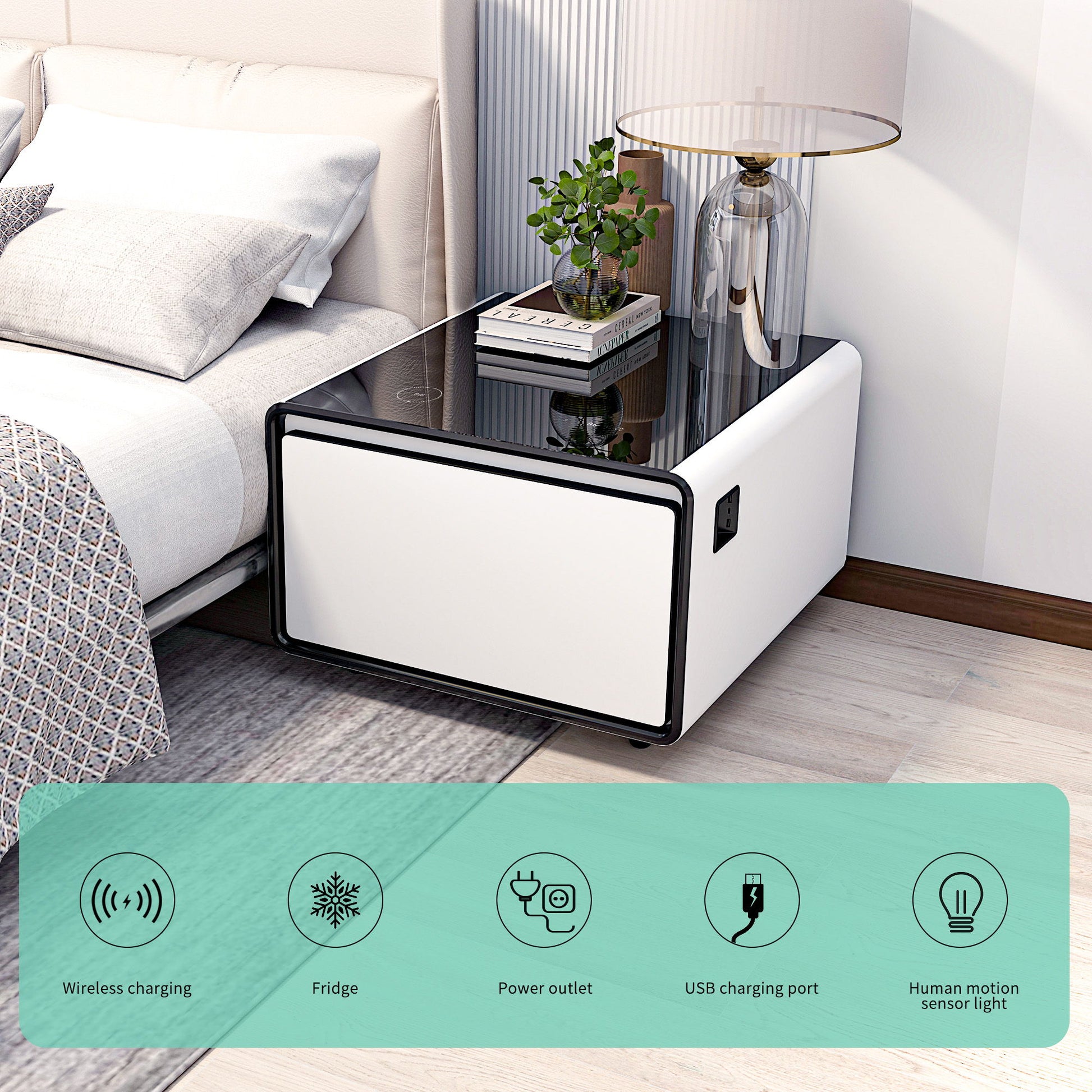 The Modern Smart Side Table features a white design with glass top, built-in fridge, wireless charging, temperature control, power socket, USB ports, outlet protection, and induction light—each feature highlighted by icons and labels.