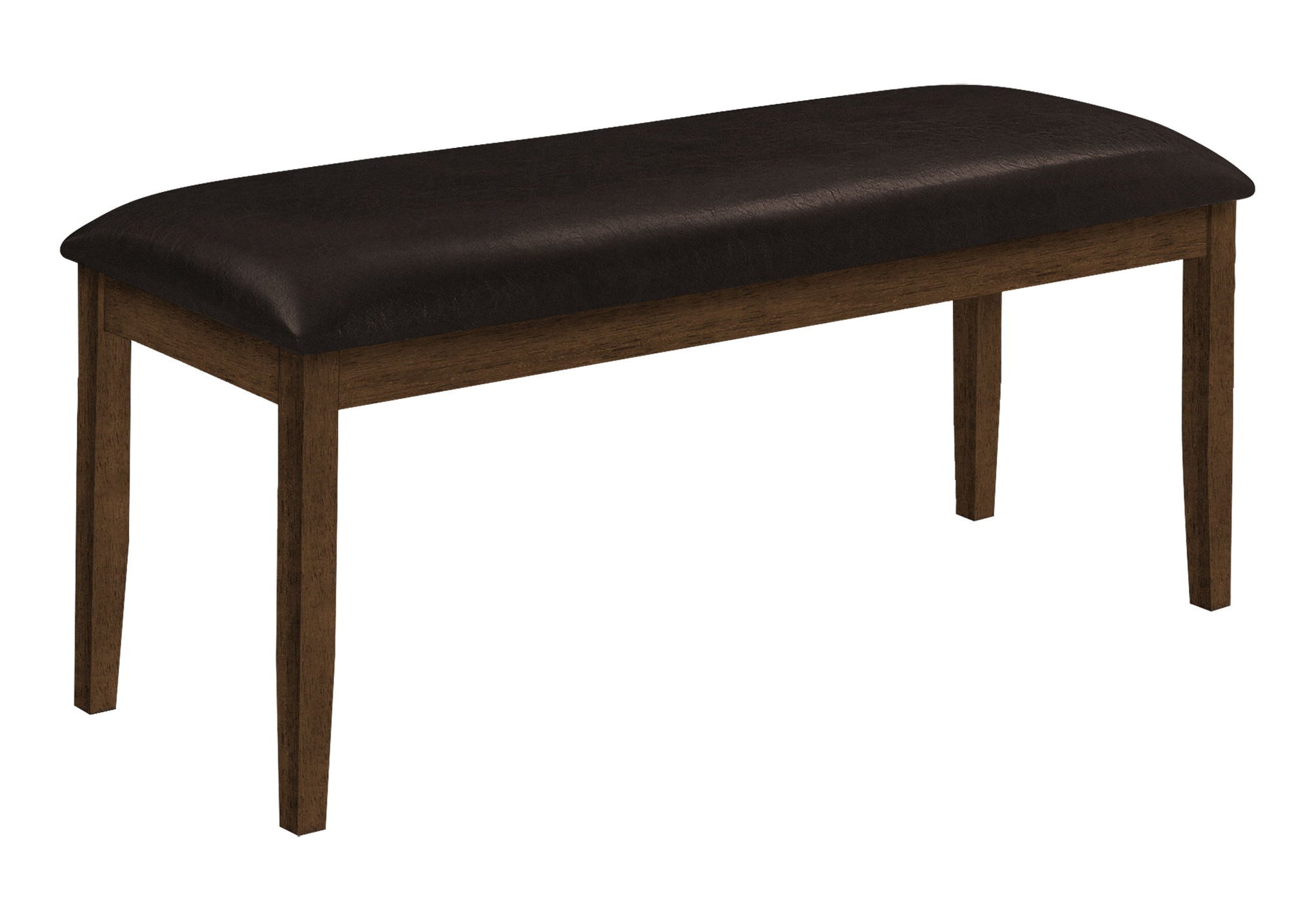 This rectangular upholstered bench features a dark brown cushioned seat and four straight wooden legs; its transitional design fits perfectly in hallways, dining rooms, or entryways.