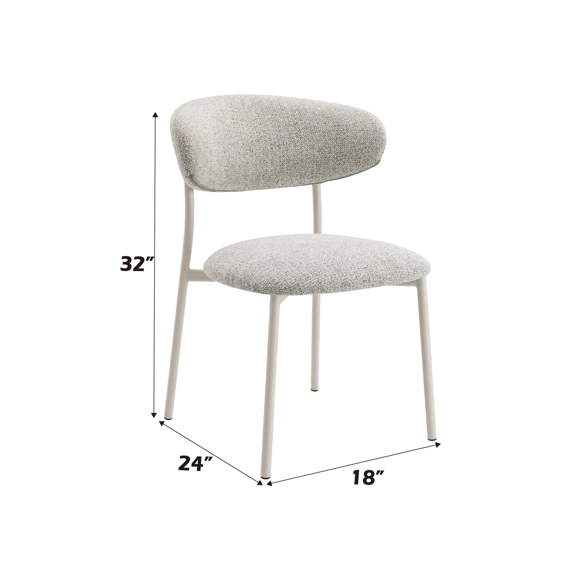 The Kalam - Fabric Side Chair (Set of 2) in light gray features a curved, upholstered backrest and seat, white metal legs, and measures 32" high, 24" deep, and 18" wide.