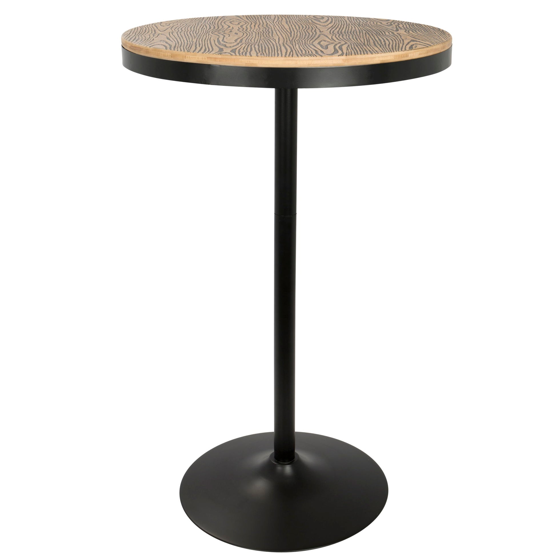 The Dakota Industrial Adjustable Bar Dinette Table features a modern round wood-grain top and a single black metal pedestal base, shown against a plain white background.