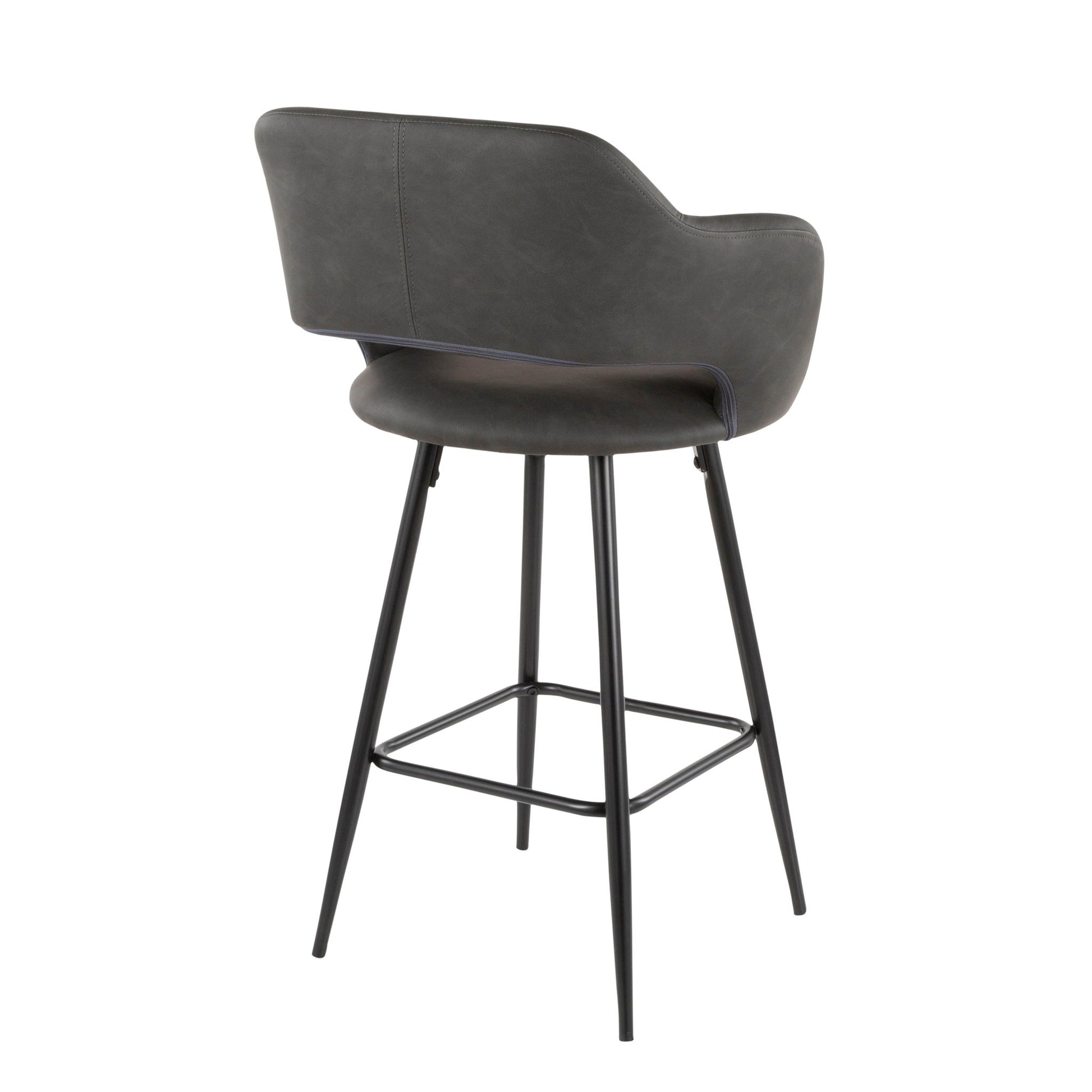 The Margarite Contemporary Counter Stool (Set of 2) features a dark gray upholstered backrest and seat, black metal legs, and a square footrest, shown from behind at an angle.