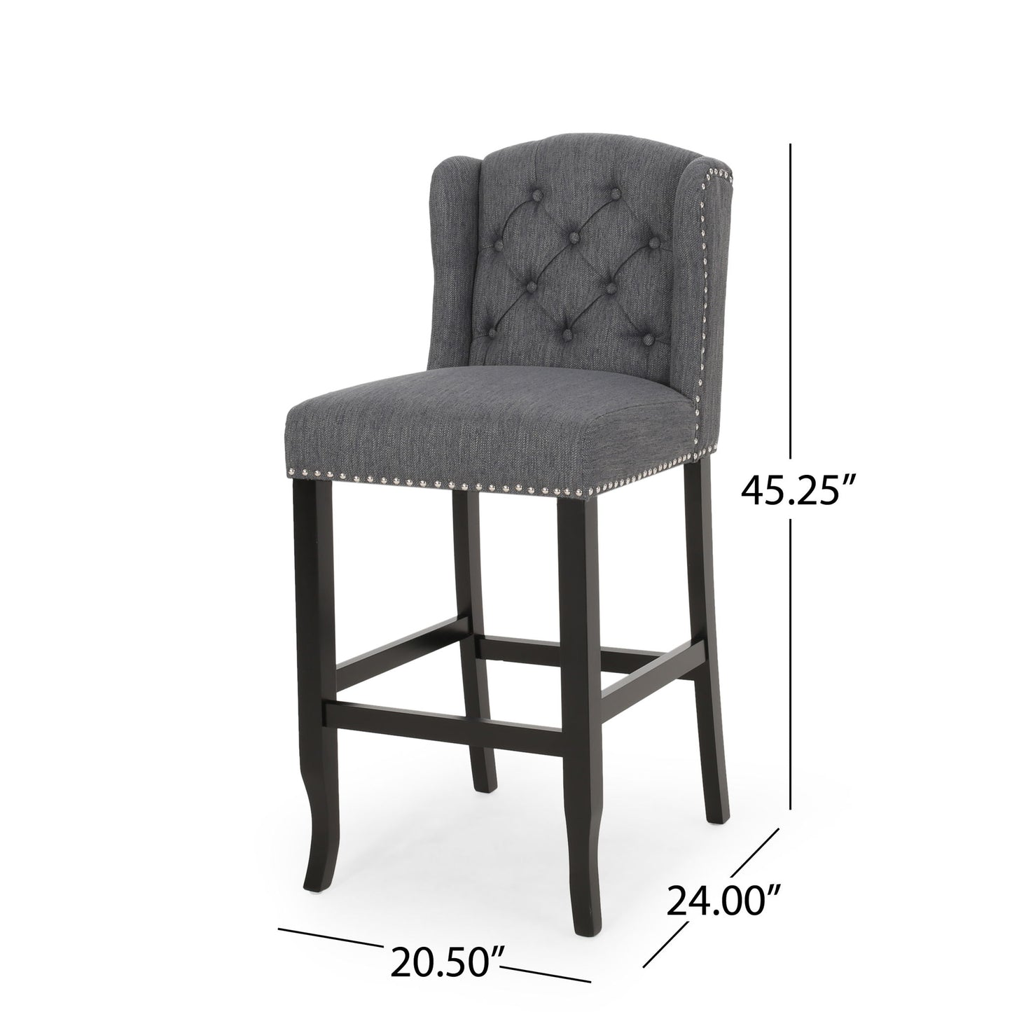 The Vienna Contemporary Fabric Tufted Wingback Counter Stools (Set of 2) feature dark gray upholstery, tufted backrest, silver nailhead trim, black wooden legs, and measure 45.25"H x 24"D x 20.5"W.