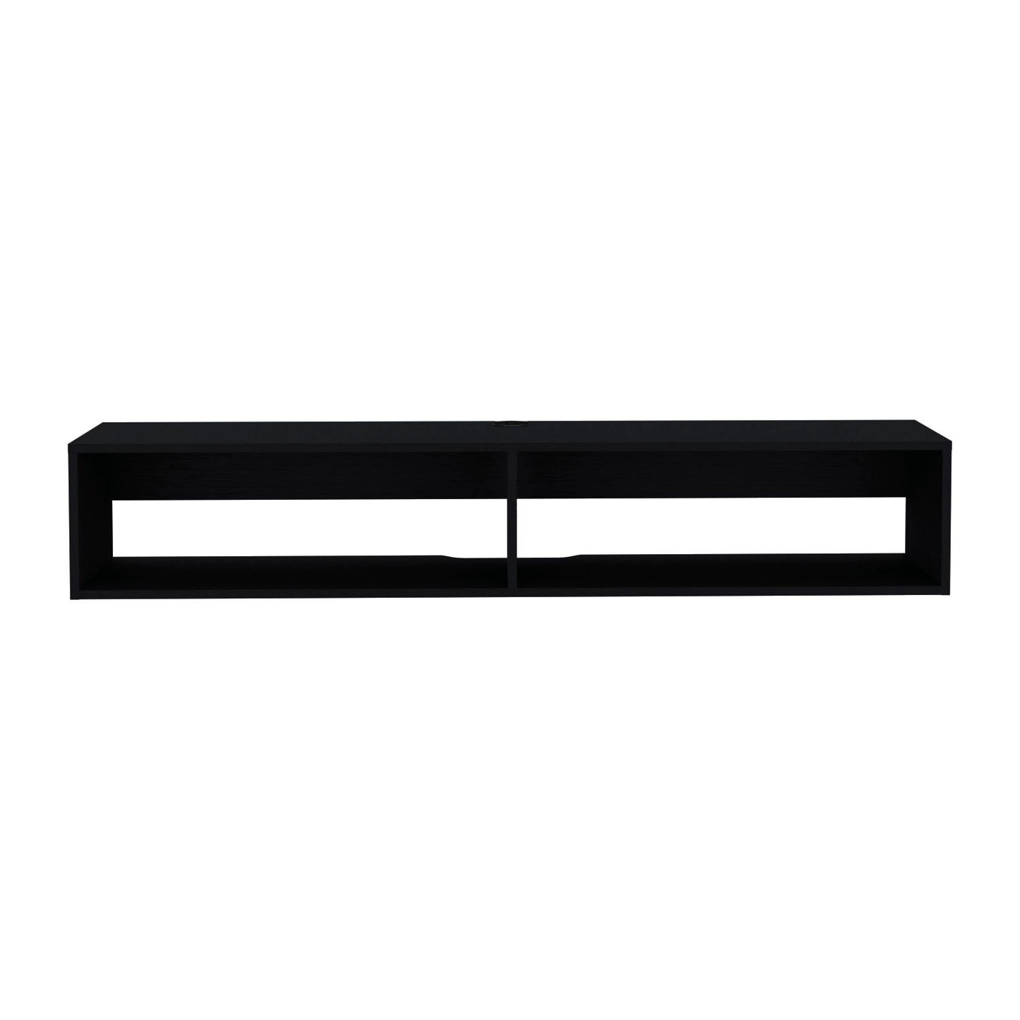 The Moore - Floating TV Stand is a modern black rectangular wall-mounted shelf with two open compartments, shown from the front against a white background.